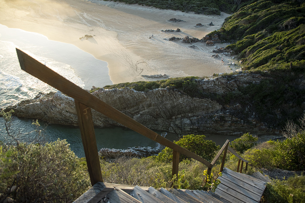 Beach view from mountain top at sunset in Natures Valley in South Africa