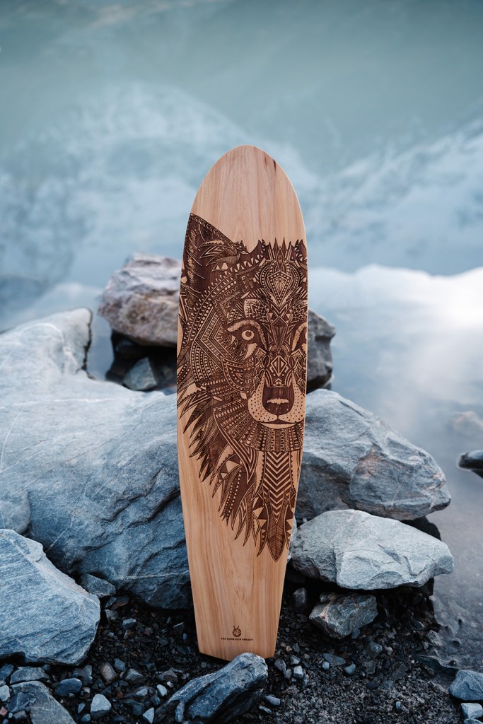 Paper Rain wolf art board at Hooker Lake NZ