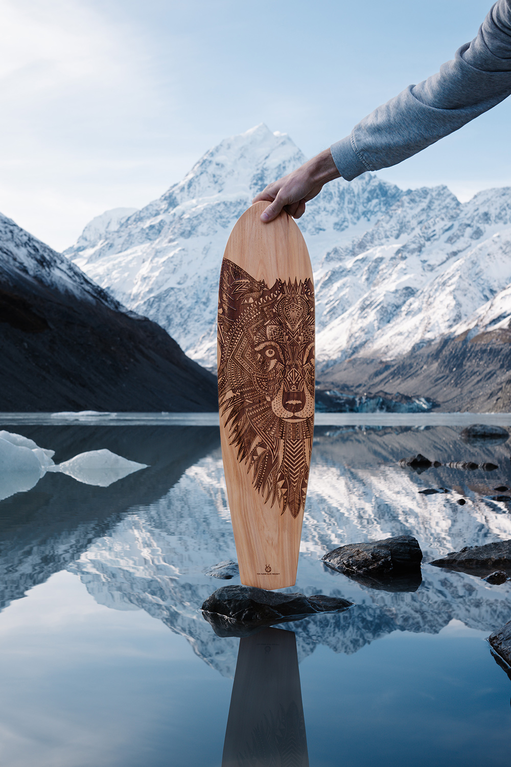 Paper Rain wolf art board at Hooker Lake NZ